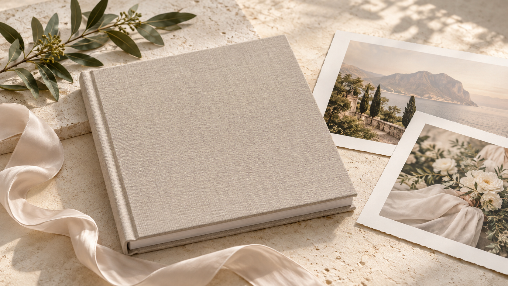 Open album and art prints arranged on a warm studio table